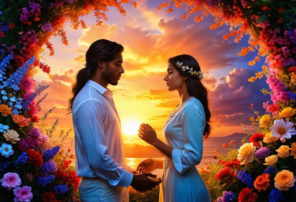 A romantic scene featuring an intertwined couple, gazing into each other's eyes with warmth and passion, surrounded by soft glowing hearts and delicate flowers in vibrant colors. The backdrop should include a serene sunset, casting a golden hue over the scene, symbolizing deep emotional connection and love. Emphasize the touching expressions and gentle gestures that convey intimacy and affection. super-realistic. vibrant colors. 3D.
