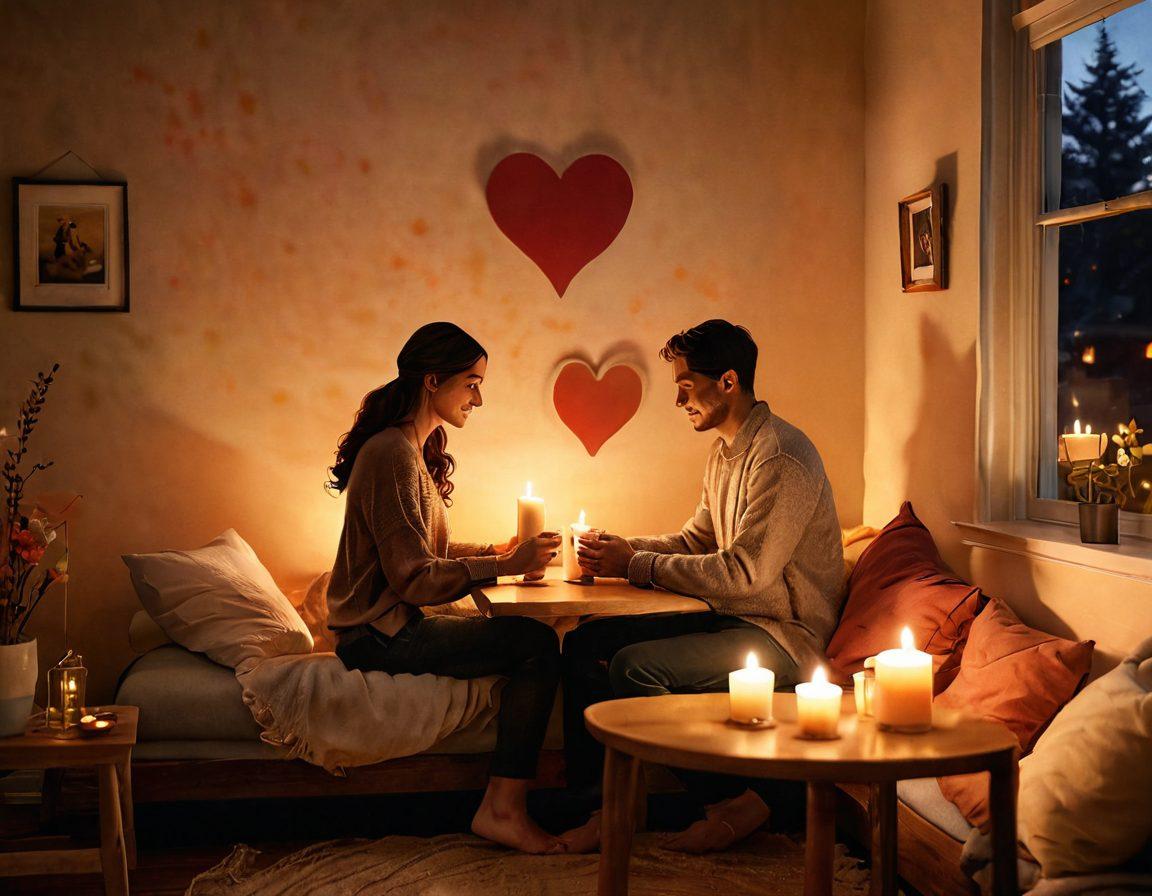 A serene scene of a cozy, candle-lit room with a couple engaged in deep conversation, surrounded by soft, warm colors. Include delicate heart-shaped decorations and symbols of love, like intertwined hands or a shared cup of tea. The atmosphere should evoke warmth, connection, and intimacy. super-realistic. warm tones. soft lighting.