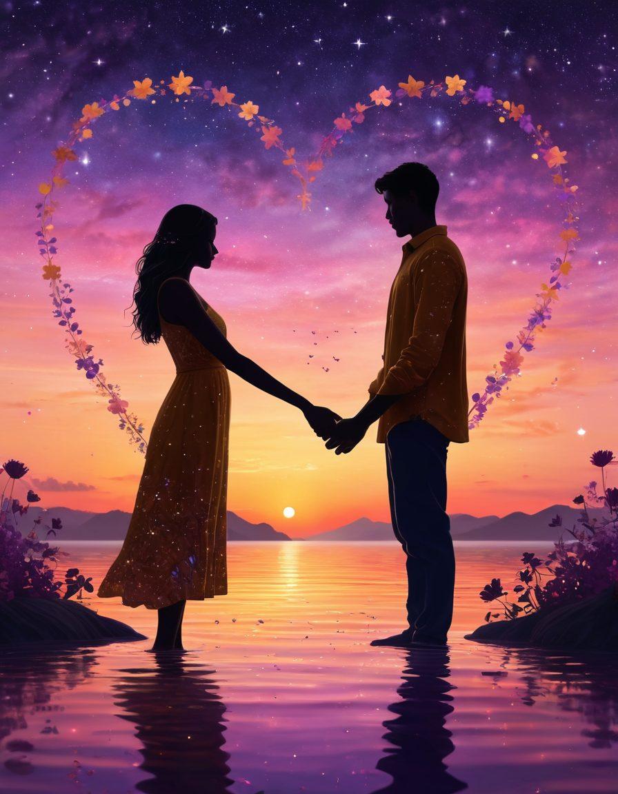 A serene sunset silhouette of a couple holding hands, surrounded by swirling vibrant hearts and dreamy stars, reflecting deep emotional connections. Warm golden honey hues blend with soft purple and pink in the sky, while delicate floral elements frame the edges. The scene conveys intimacy and romance, inviting readers to explore love's depths. super-realistic. vibrant colors. dreamy background.